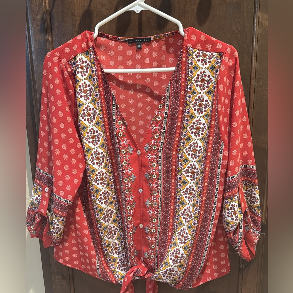 Bohemian Red Blouse with Patterned Design
